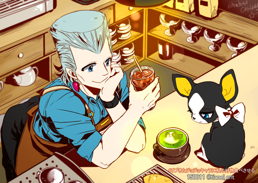 1boy, apron, blue_eyes, bow, bowl, bowtie, chin_rest, counter, cup, dog, drink, drinking_straw, earrings, from_above, glass, iggy_(jojo), jean_pierre_polnareff, jewelry, jojo_no_kimyou_na_bouken, lamp, male_focus, no_eyebrows, silver_hair, smile, teapot, tianel_ent, translation_request, twitter_username, wristband