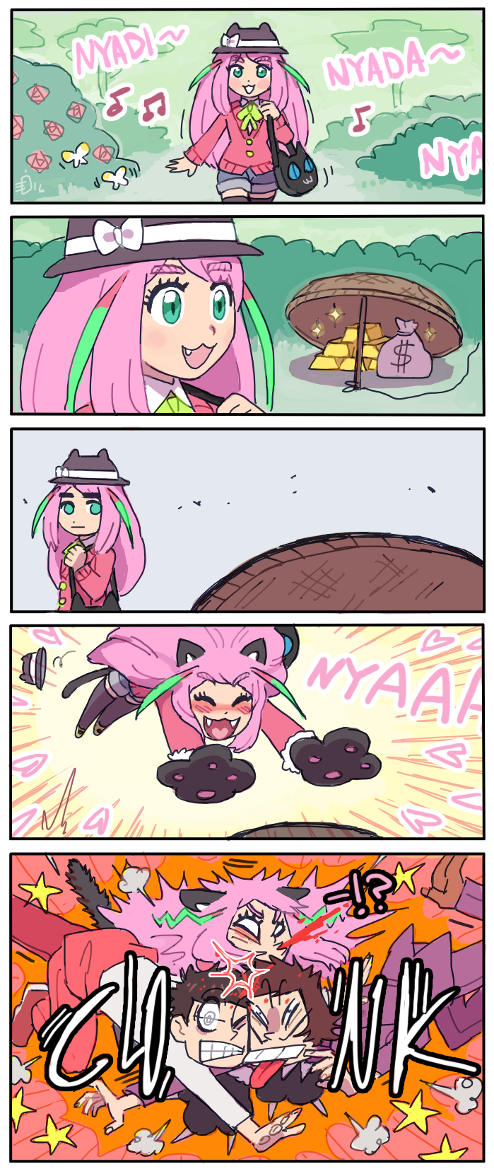 !?, 1girl, 2boys, :3, :d, @_@, ^_^, alternate_costume