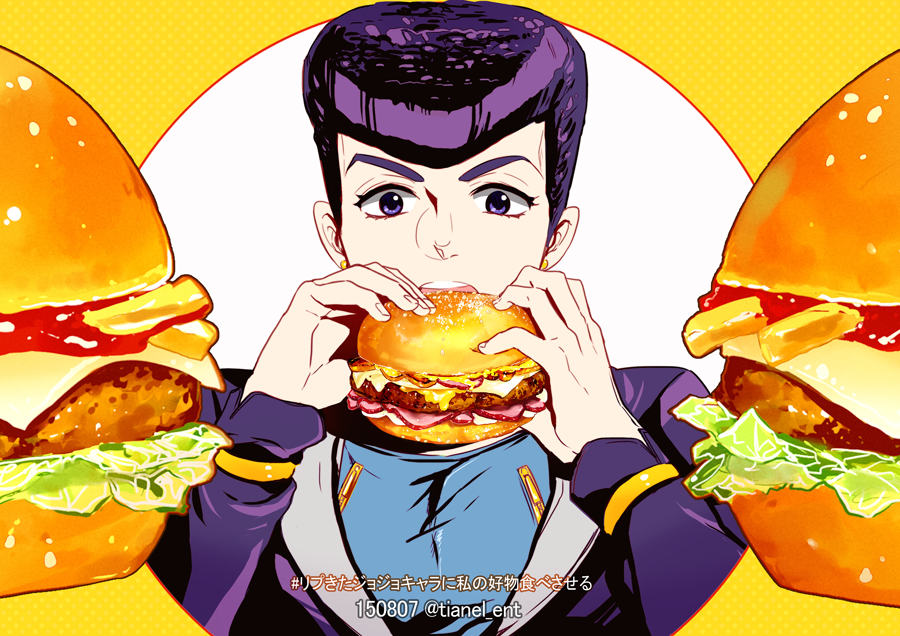 1boy, cheese, earrings, eating, food, gakuran, hamburger, higashikata_jousuke