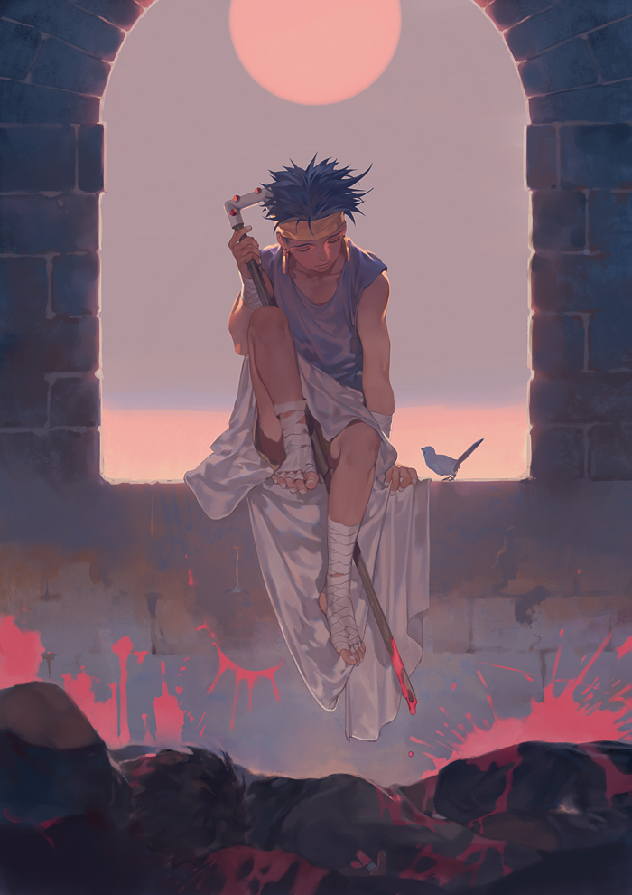 1boy, bandaged_leg, bandages, bird, black_hair, blood, blood_splatter, brick_wall