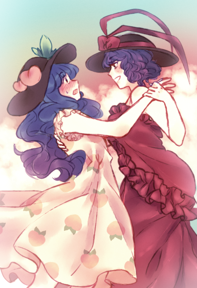 2girls, alternate_costume, blue_hair, blush, commentary, dancing, dress, food