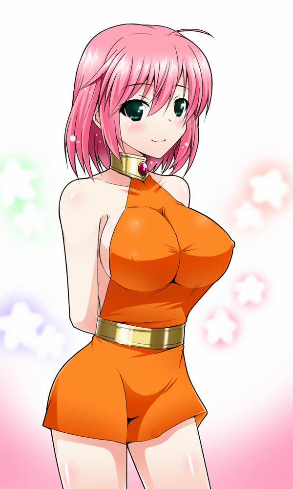 1girl, arms_behind_back, blush, breasts, final_fantasy, final_fantasy_v, green_eyes, large_breasts, lenna_charlotte_tycoon, looking_at_viewer, orange_shirt, pink_hair, revealing_clothes, shirt, short_hair, sideboob, smile, solo, tamane