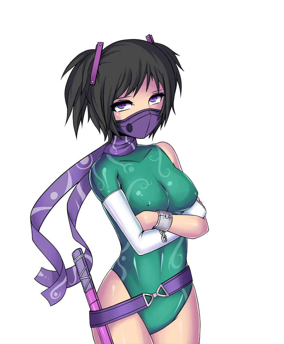 1girl, argrim, belt, black_hair, bodysuit, covered_navel, covered_nipples, cuffs, elbow_gloves, face_mask, female, fingerless_gloves, gloves, hair_ornament, hairclip, highres, mask, ninja, original, scarf, shackles, short_hair, single_glove, solo, twintails, upper_body, violet_eyes, weapon, white_background