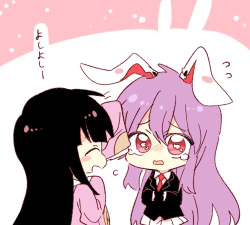 2girls, ^_^, animal_ears, black_hair, blazer, blush, blush_stickers, chibi