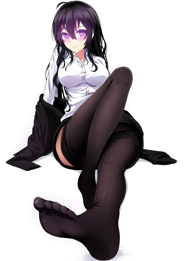 1girl, ahoge, beifeng_han, black_hair, black_jacket, black_skirt, blush, breasts, buttons, closed_mouth, collared_shirt, dress_shirt, feet, full_body, hair_between_eyes, jacket, jacket_off_shoulders, knee_up, large_breasts, long_hair, long_sleeves, looking_at_viewer, messy_hair, miniskirt, miyaura_sanshio, no_shoes, off_shoulder, office_lady, original, pantyhose, pantyhose_pull, pencil_skirt, shirt, simple_background, sitting, skirt, smile, solo, toes, violet_eyes, white_background