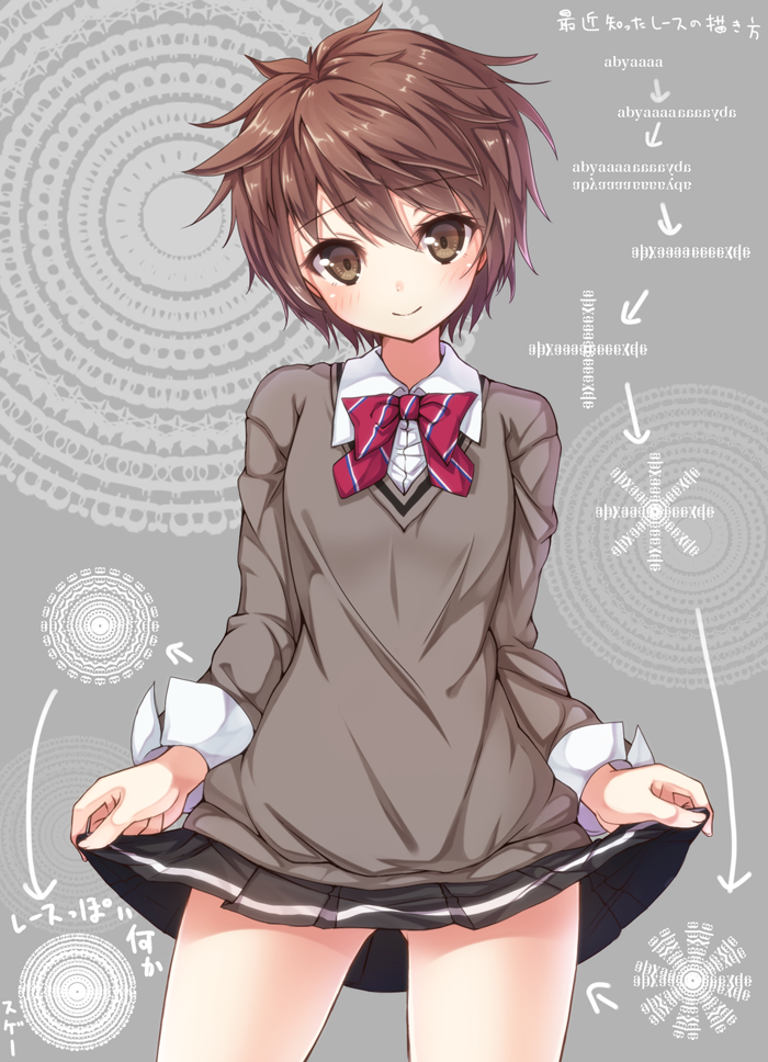 1girl, ass_visible_through_thighs, blush, brown_eyes, brown_hair, kobayakawa_yuuka, matokechi, school_uniform
