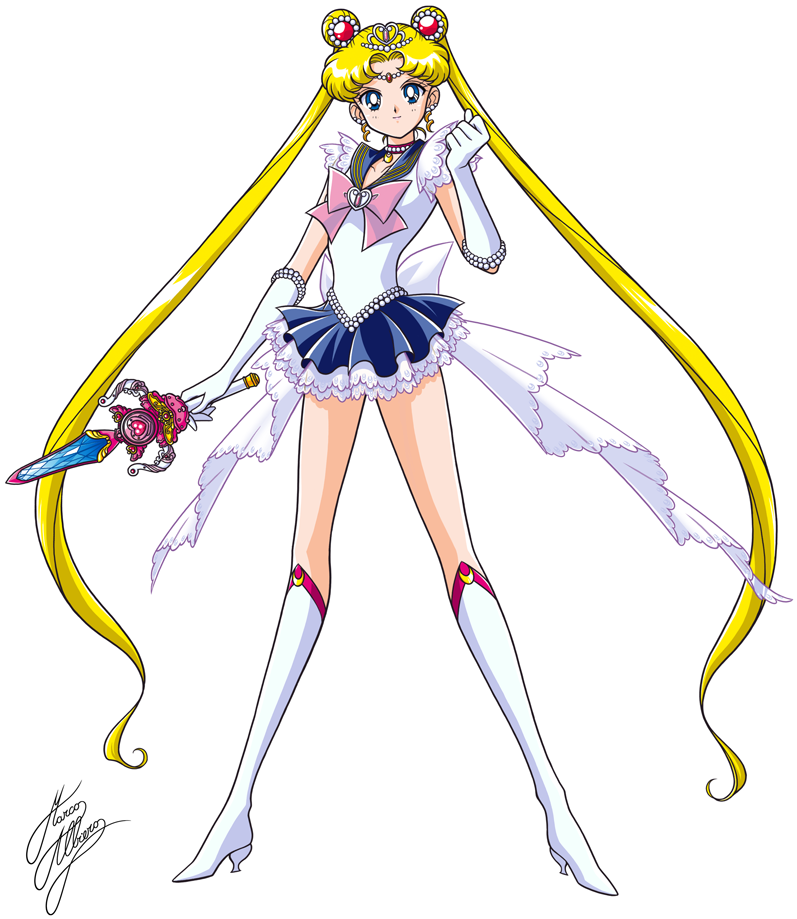 1girl, bishoujo_senshi_sailor_moon, blonde_hair, blue_eyes, blue_skirt, boots, bow, brooch, choker, clenched_hand, double_bun, earrings, elbow_gloves, frills, full_body, gloves, jewelry, knee_boots, long_hair, magical_girl, marco_albiero, pink_bow, pleated_skirt, pretty_guardian_sailor_moon, princess_sailor_moon, princess_sword, sailor_collar, sailor_moon, serious, signature, skirt, solo, standing, sword, tiara, tsukino_usagi, twintails, weapon, white_background, white_boots, white_bow, white_gloves