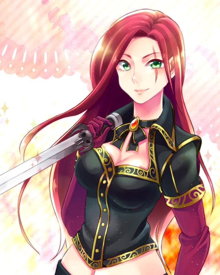 1girl, bow, breasts, cleavage, gloves, green_eyes, high_command_katarina, katarina_du_couteau
