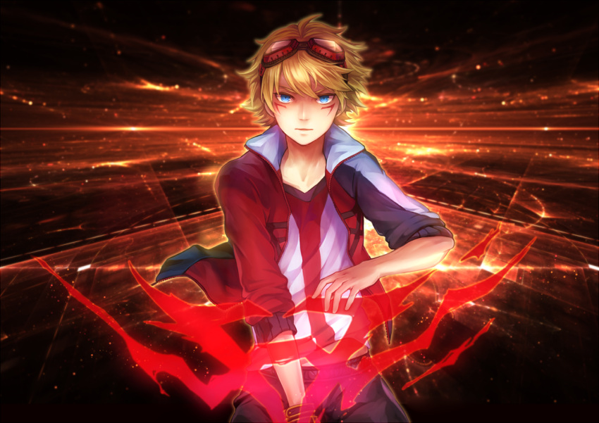 1boy, blonde_hair, blue_eyes, ezreal, goggles, goggles_on_head, konomoto_(knmtzzz), league_of_legends