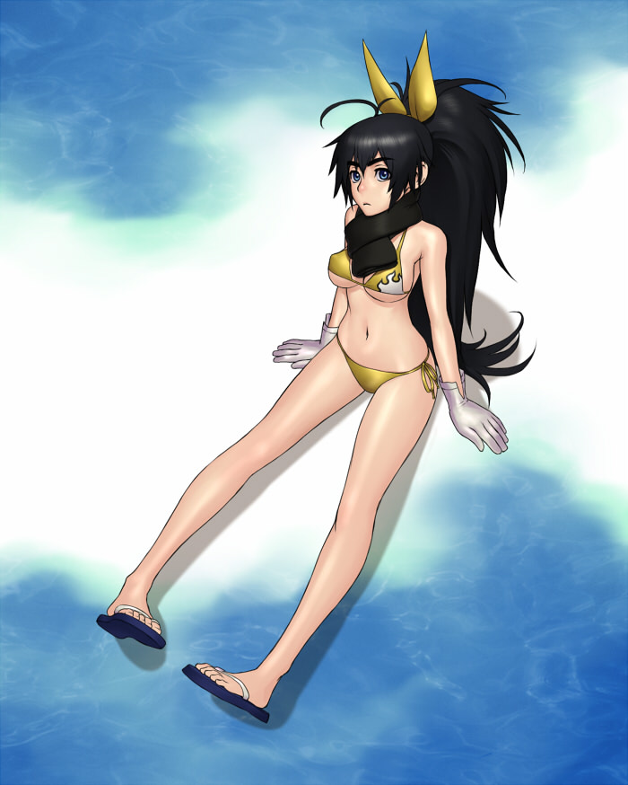 bare_shoulders, bikini, blue_eyes, breasts, cleavage, feet, ganaha_hibiki, gloves