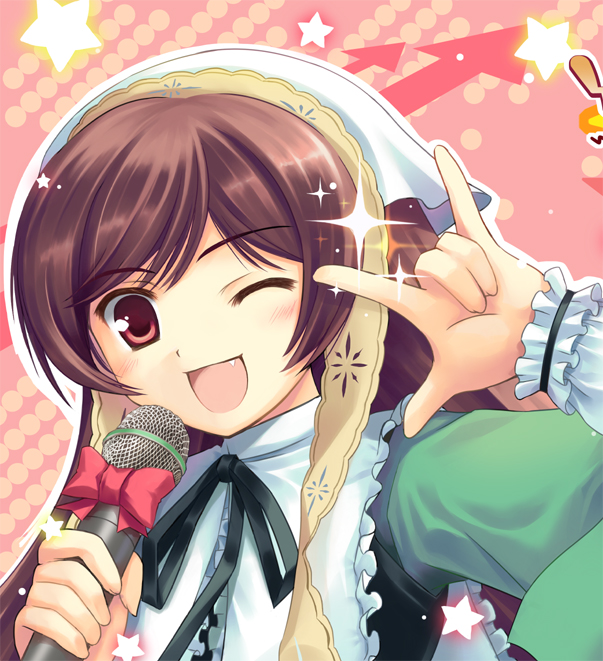 brown_hair, fang, hinooka_shuji, hinooka_shuuji, macross_frontier, microphone, parody, rozen_maiden
