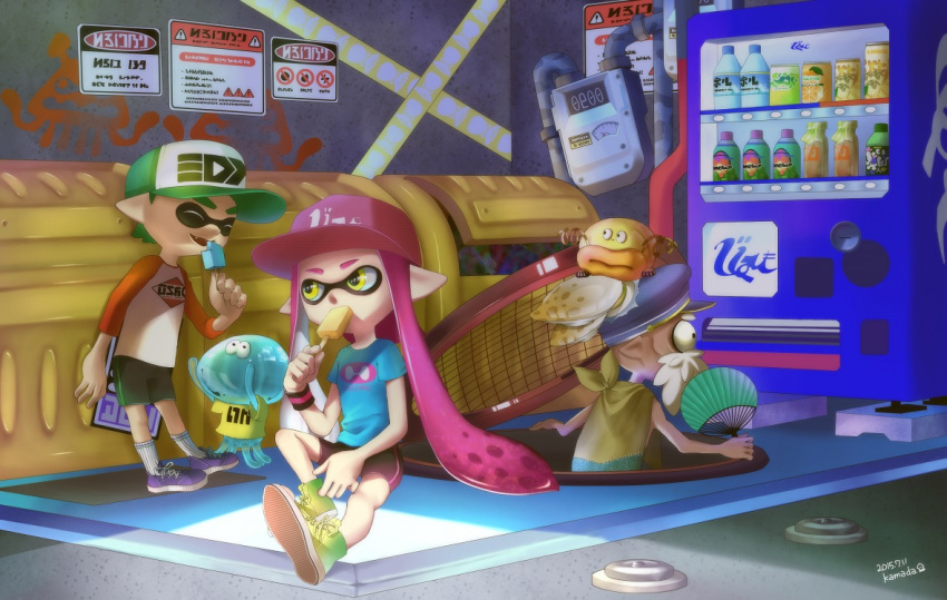 1girl, 2boys, artist_name, commander_atarime, dated, denchinamazu, facial_hair, fan