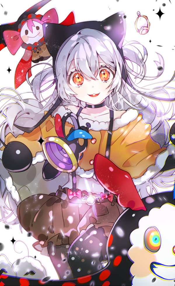 1girl, :3, animal_ears, anthony_(madoka_magica), beanie, bubble_skirt, capelet, charlotte_(madoka_magica)