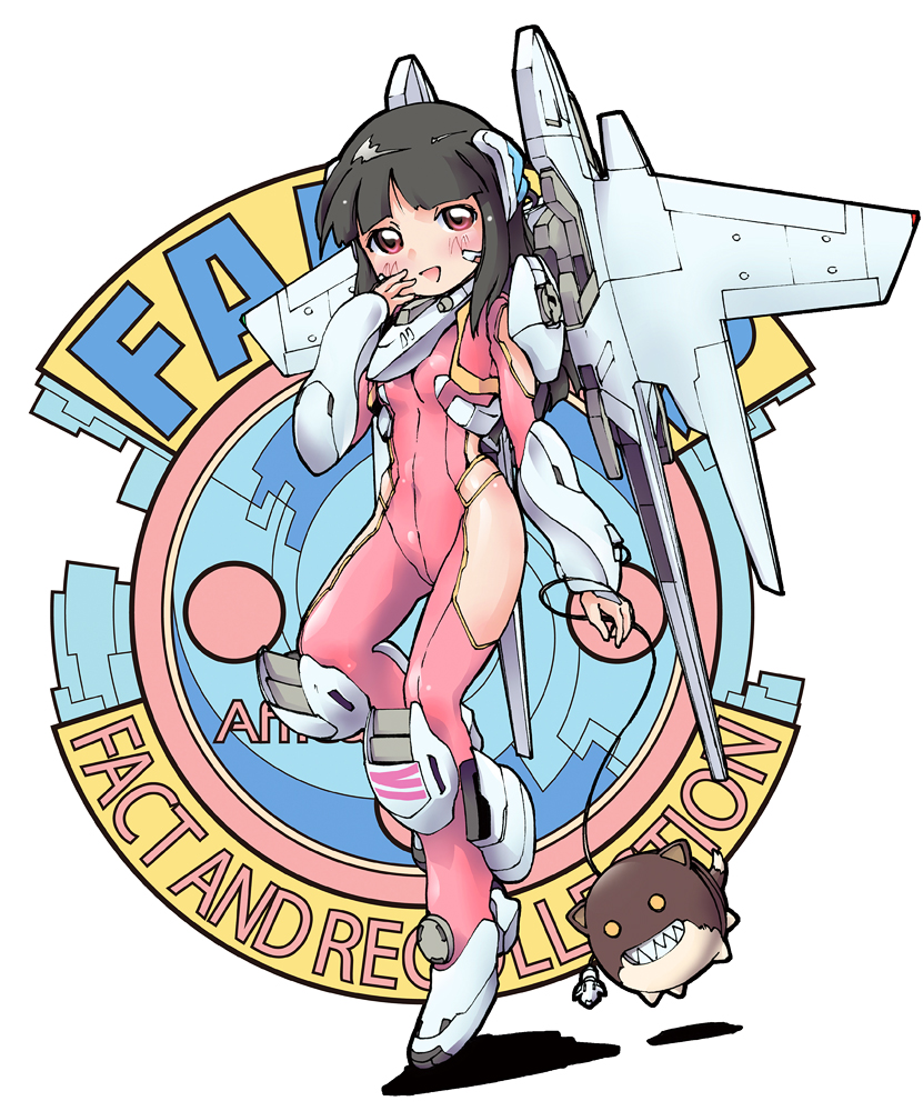 1girl, :d, armor, black_hair, blush, body_blush, bodysuit, breasts, cable, chocolat_(fafner), dog, hazama_shouko, hips, leg_cutout, long_hair, mark_sechs, mecha_musume, o_o, open_mouth, pilot_suit, red_eyes, sharp_teeth, shiny, shiny_hair, side_cutout, skin_tight, smile, soukyuu_no_fafner, teeth, washio_naohiro, wings