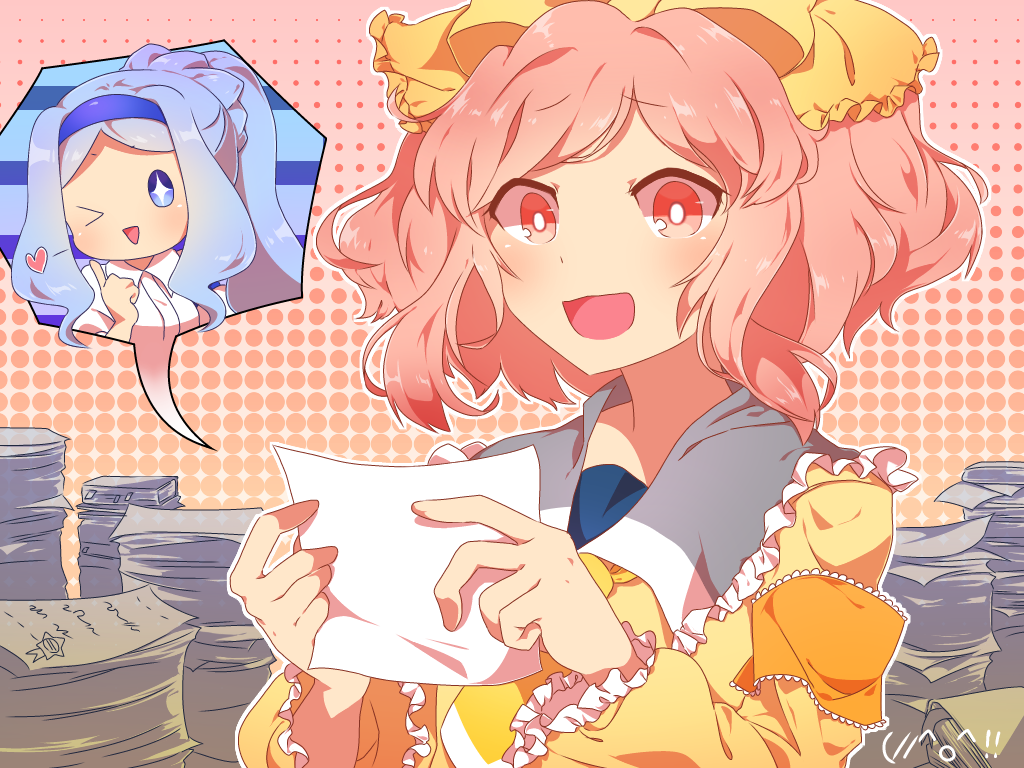 >_o, 2girls, blue_eyes, blue_hair, caramell0501, dress, hairband, halftone, halftone_background, heart, hiumi, holding_paper, miyu_(pop'n_music), multiple_girls, one_eye_closed, open_mouth, outline, paper, paper_stack, pink_background, pink_eyes, pink_hair, pop'n_music, smile, triangle_mouth, yellow_dress