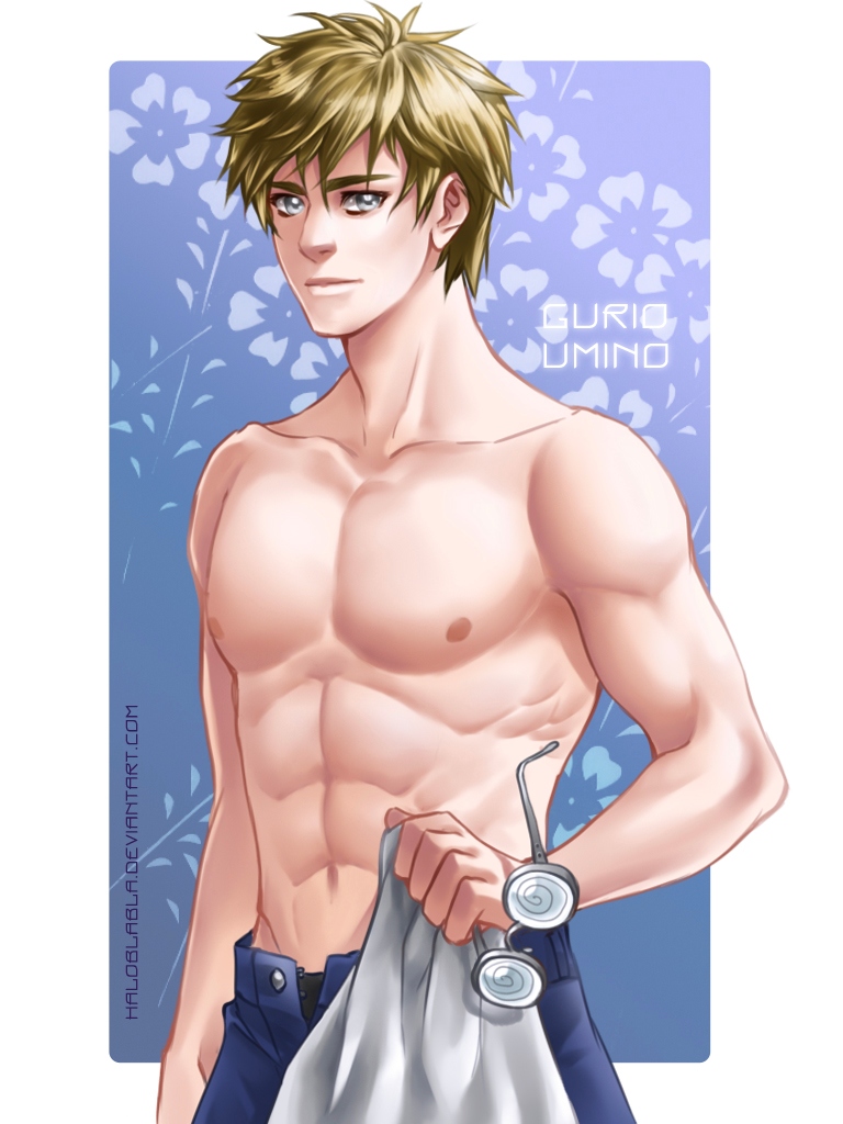 1boy, abs, bishoujo_senshi_sailor_moon, brown_hair, character_name, coke-bottle_glasses, collarbone, floral_background