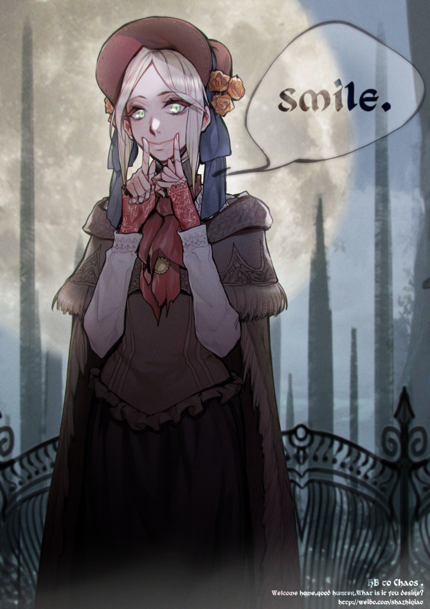1girl, bangs, bloodborne, bonnet, cloak, fingersmile, highres, plain_doll