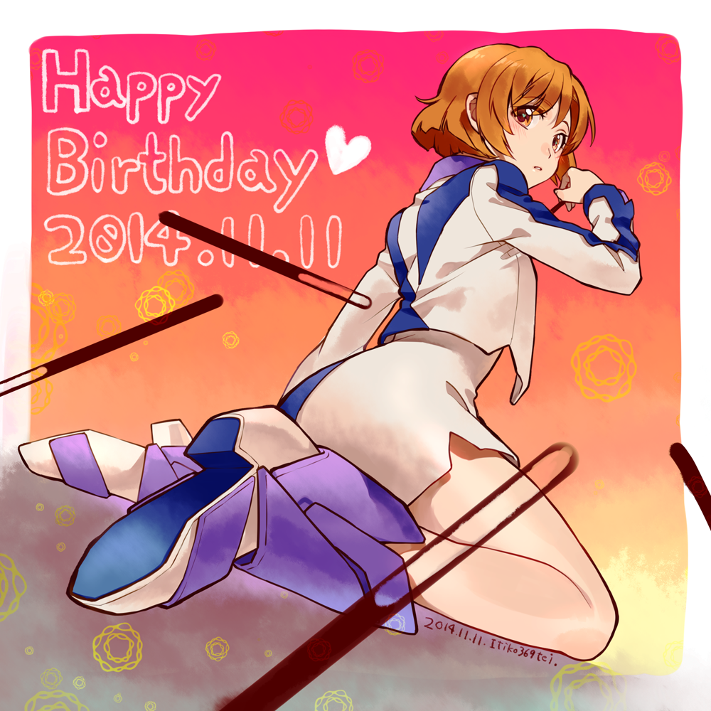 1girl, artist_name, blush, boots, brown_eyes, cropped_jacket, dated, happy_birthday