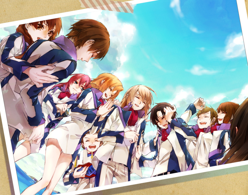 5boys, 5girls, :d, ^_^, belt, black_hair, braid, brother_and_sister