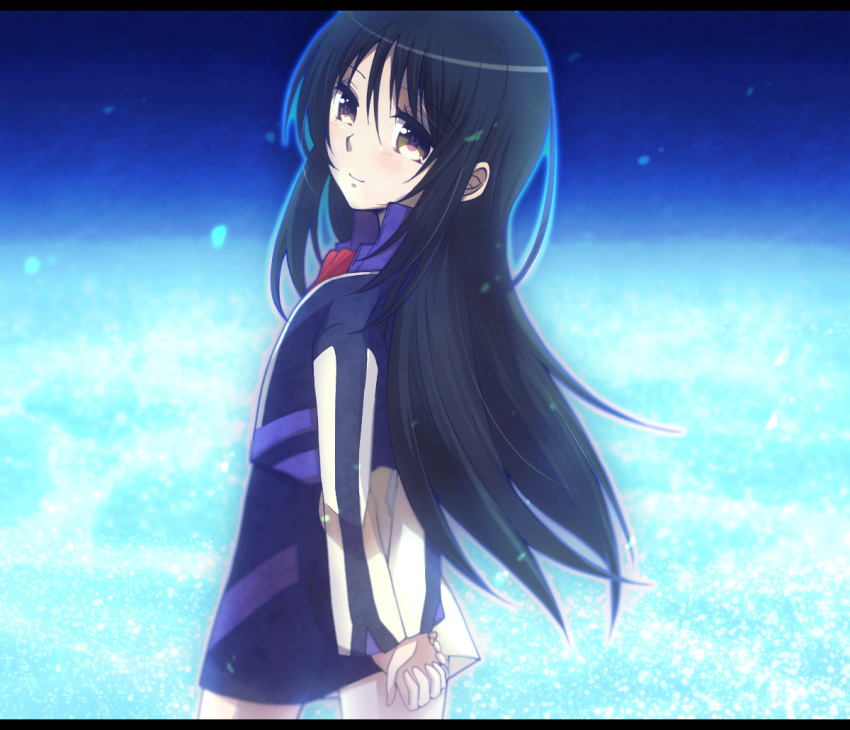 1girl, arms_behind_back, black_hair, blush, brown_eyes, chomo_(chomo9), cropped_jacket, jacket, letterboxed, long_hair, long_sleeves, looking_at_viewer, looking_back, minashiro_tsubaki, shiny, shiny_hair, sidelocks, skirt, smile, solo, soukyuu_no_fafner, uniform