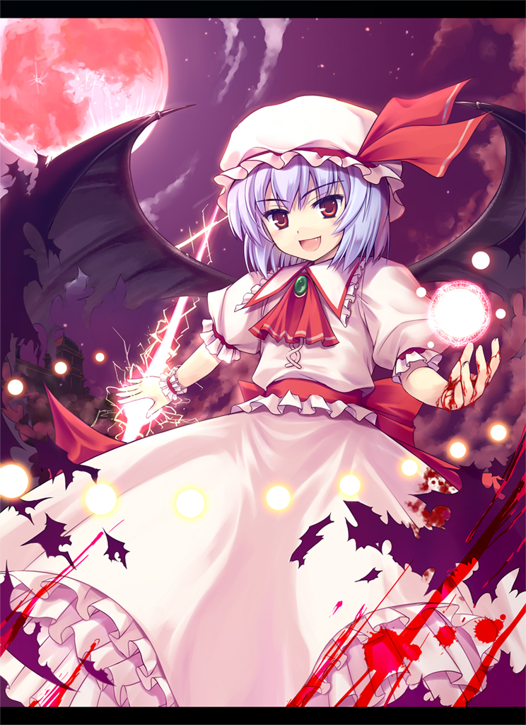 blood, blue_hair, dress, hat, hinooka_shuji, hinooka_shuuji, moon, red_eyes