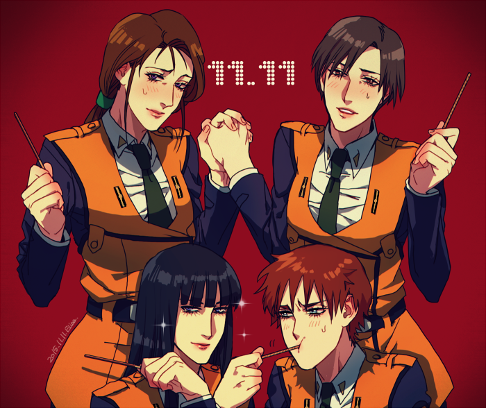 4girls, bangs, black_hair, blunt_bangs, brown_eyes, brown_hair, character_check, dated