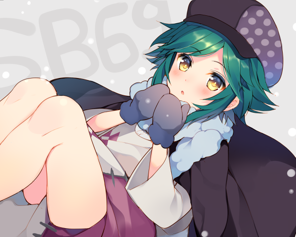 1boy, artist_request, blush, cabbie_hat, copyright_name, gloves, green_hair, grey_background