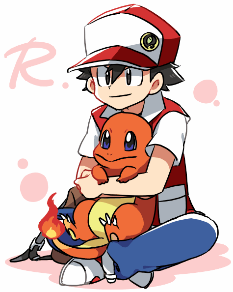 1boy, baseball_cap, black_hair, blue_eyes, brown_eyes, charmander, denim, hat
