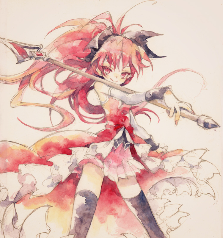 1girl, black_legwear, long_hair, magical_girl, mahou_shoujo_madoka_magica, nesu_(nsm888), polearm, ponytail