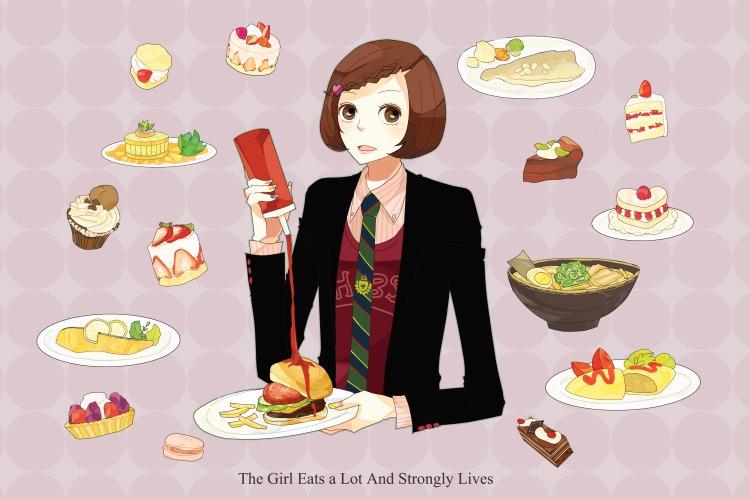 blazer, braid, brown_eyes, brown_hair, cake, cream_puff, dress_shirt, english, engrish, food, french_fries, fruit, hair_ornament, hairclip, hamburger, holding, ketchup, macaron, nail_polish, necktie, omelet, original, pastry, ranguage, shikanaka, shirt, short_hair, strawberry, striped, sweater_vest, text