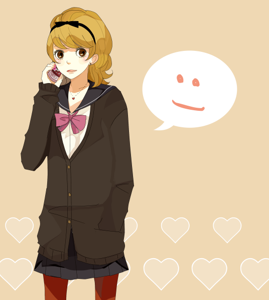 1girl, blonde_hair, bow, brown_eyes, cardigan, cellphone, earrings, hairband