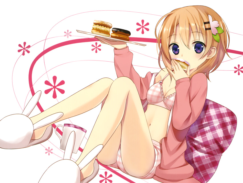 1girl, animal_slippers, blush, bra, brown_hair, bunny_slippers, cup, doughnut