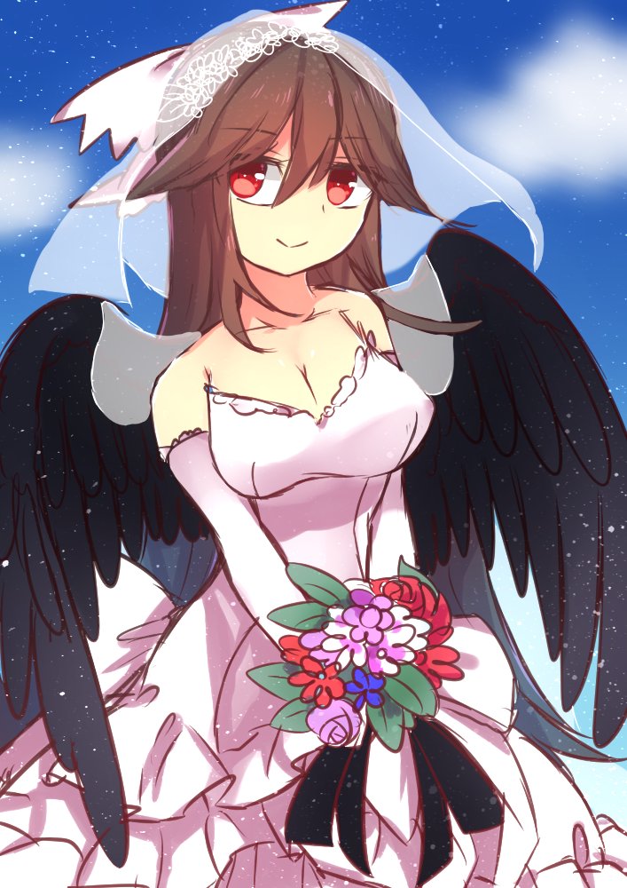1girl, breasts, brown_hair, cleavage, dress, flower, long_hair, mikomo0106