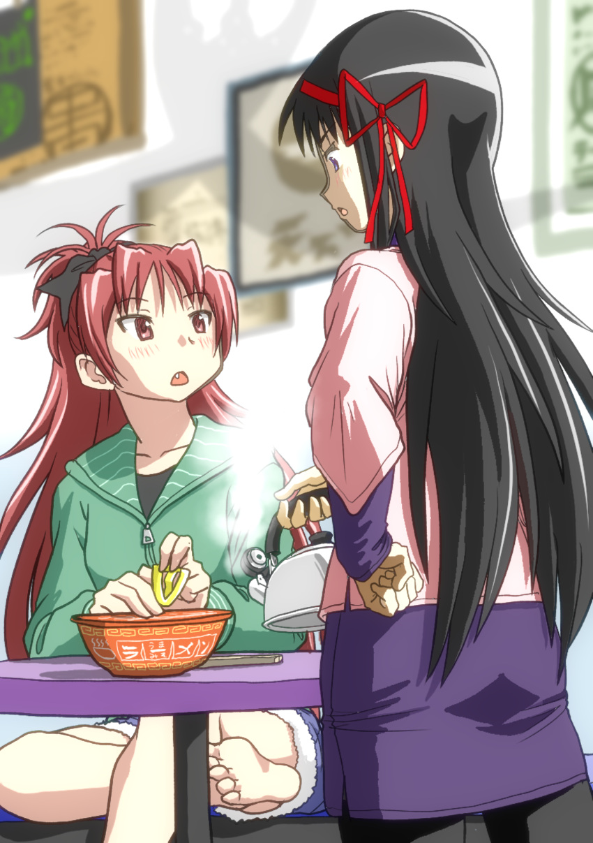 2girls, akemi_homura, black_hair, casual, food, highres, jacket, kettle