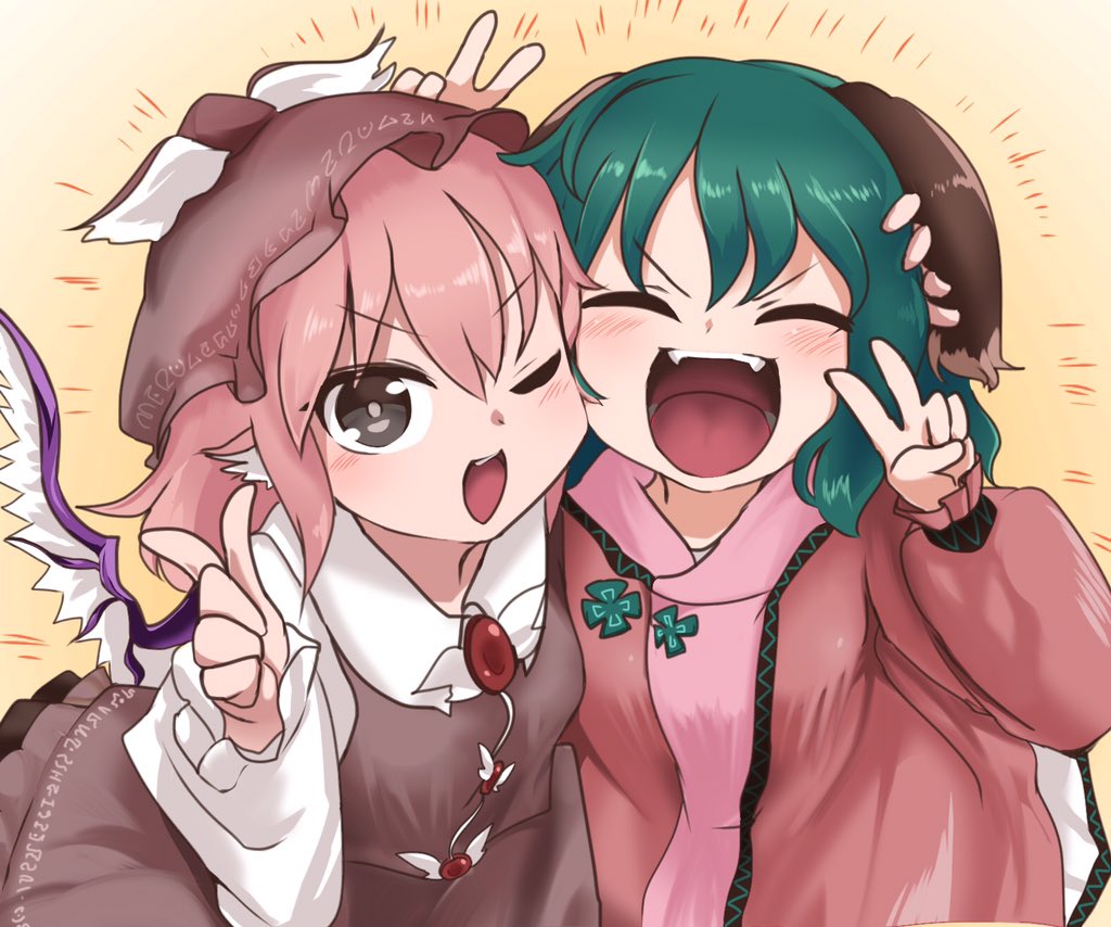 2girls, ameyu, animal_ears, bird_wings, black_eyes, blush, brown_dress, cheek-to-cheek