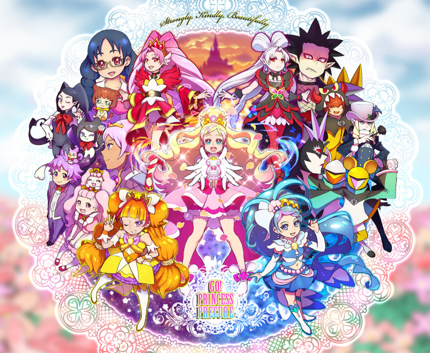5boys, 6+girls, :d, ;d, akagi_towa, albino, amanogawa_kirara, arm_warmers, aroma_(go!_princess_precure), belt, bird, black_bow, black_hair, black_rose, blonde_hair, blue_hair, blue_skirt, boots, bow, bowtie, brown-framed_glasses, brown_hair, butler, castle, choker, clenched_teeth, close_(go!_princess_precure), colored_eyelashes, copyright_name, creature, crop_top, cure_flora, cure_mermaid, cure_scarlet, cure_twinkle, detached_sleeves, dog, dress-up_key, dual_persona, dyspear, earrings, everyone, flower, freeze_(go!_princess_precure), glasses, gloves, go!_princess_precure, green_eyes, haidoro, hair_over_eyes, hand_on_hip, haruno_haruka, hat, highres, hood, jewelry, kaidou_minami, knee_boots, kuroro_(go!_princess_precure), lock_(go!_princess_precure), long_hair, looking_at_viewer, magical_girl, mask, messy_hair, miss_siamour, multicolored_hair, multiple_boys, multiple_girls, nanase_yui, navel, one_eye_closed, open_mouth, pale_skin, pants, pantyhose, personification, petals, pink_bow, pink_eyes, pink_hair, pink_skirt, pointy_ears, precure, prince_kanata, puff_(go!_princess_precure), puffy_sleeves, purple_hair, purple_pants, quad_tails, red_bow, red_eyes, red_legwear, red_shoes, red_skirt, redhead, rose, shoes, shut_(go!_princess_precure), skirt, smile, spiky_hair, standing, star, star_earrings, stop_(go!_princess_precure), streaked_hair, teeth, thigh-highs, thigh_boots, top_hat, twilight_(go!_princess_precure), twintails, two-tone_hair, v, violet_eyes, wand, white_boots, white_gloves, white_hair, white_hat, white_shoes, wrist_cuffs