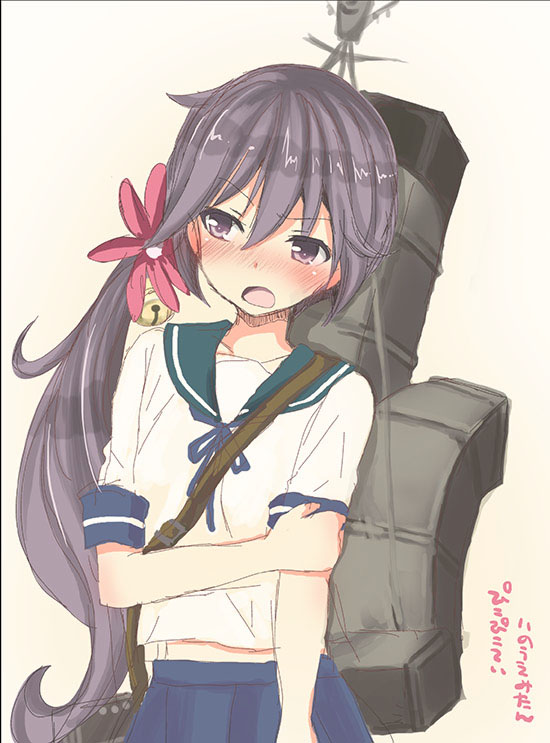 1girl, akebono_(kantai_collection), bell, blue_skirt, blush, flower, hair_bell, hair_flower