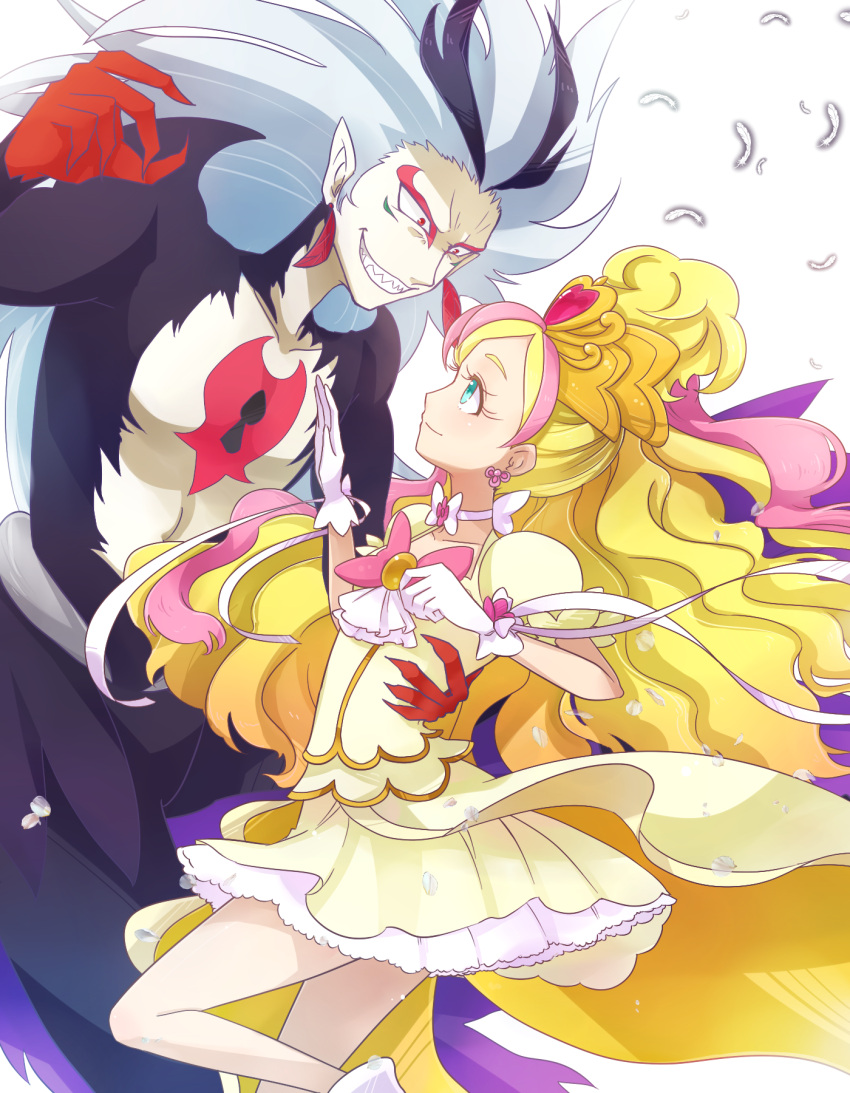 1boy, 1girl, black_hair, blonde_hair, bow, choker, close_(go!_princess_precure), cure_flora