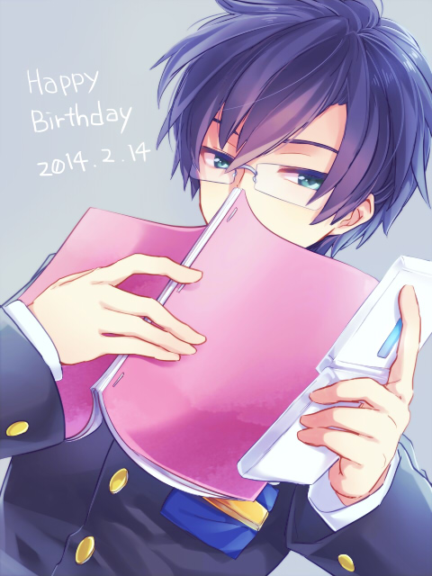 1boy, bangs, blue_eyes, blue_hair, book, cellphone, corpse_party, glasses, happy_birthday, male_focus, morishige_sakutarou, phone, school_uniform, short_hair, simple_background, solo, yosaki_(shoki1white)