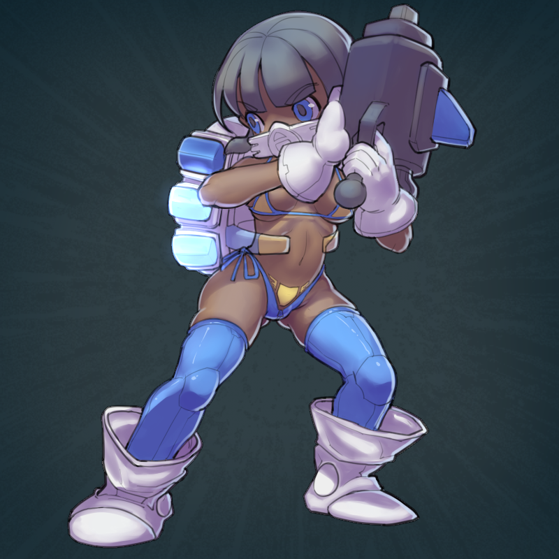 1girl, adapted_costume, bangs, bikini, black_hair, blue_eyes, blue_legwear, boots, dark_skin, full_body, gloves, gun, nuclear_throne, onlineworms, respirator, rogue_(nuclear_throne), rogue_rifle, short_hair, side-tie_bikini, solo, standing, swimsuit, thigh-highs, weapon, white_gloves