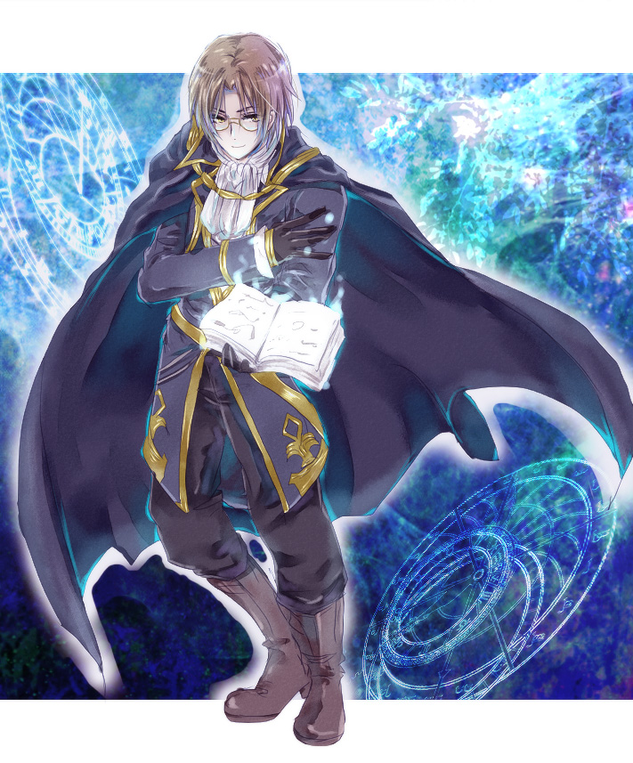 1boy, book, boots, cape, coat, glasses, gloves, lezard_valeth