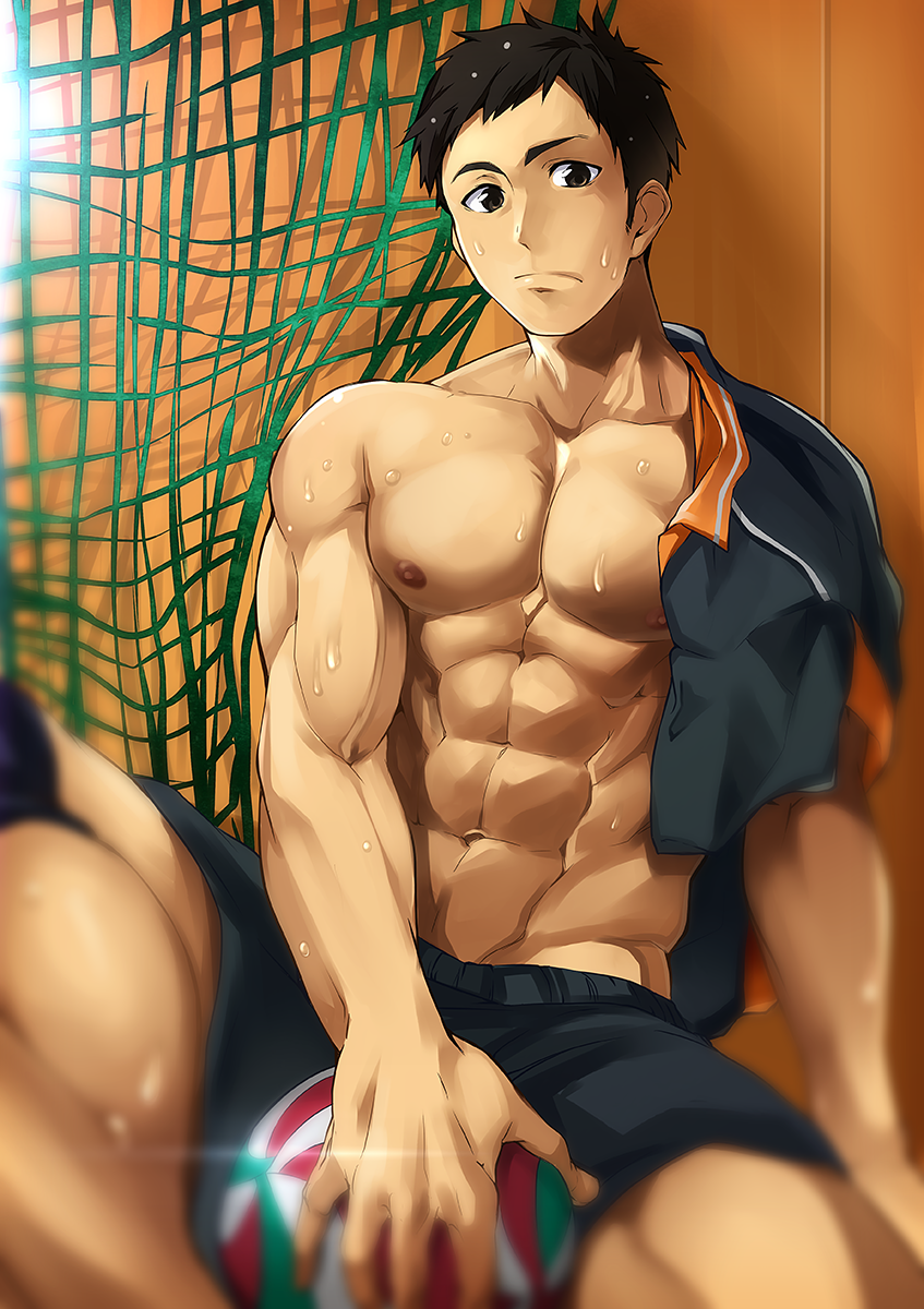 1boy, 8_(yamalu), abs, black_hair, brown_eyes, haikyuu!!, highres, looking_at_viewer