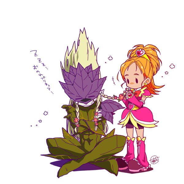 1boy, 1girl, arm_warmers, bike_shorts, blonde_hair, bodysuit, boots, braid