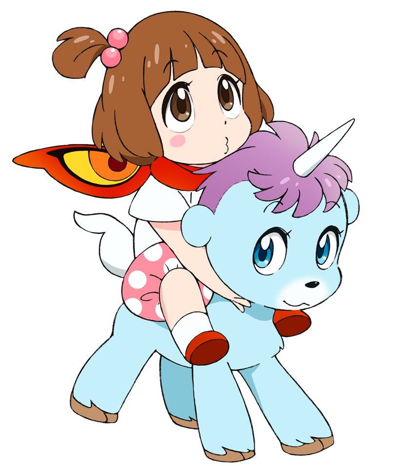 brown_eyes, brown_hair, child, crossover, hair_bobbles, hair_ornament, kill_la_kill, mako_(macomaco7), mankanshoku_mako, riding, scarf, senketsu, short_hair, side_ponytail, sitting, unico, unico_(character), unicorn, white_background, younger