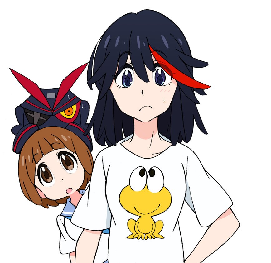 2girls, black_hair, blue_eyes, brown_eyes, brown_hair, dokonjou_gaeru, female, kill_la_kill