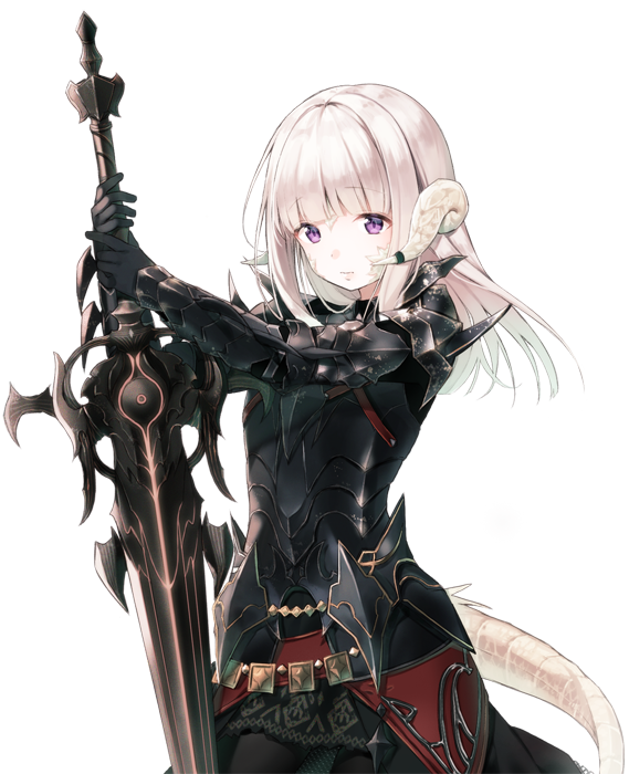 1girl, armor, au_ra, bangs, black_gloves, blunt_bangs, breastplate, dark_knight_(final_fantasy), dragon_girl, dragon_horns, dragon_tail, faulds, final_fantasy, final_fantasy_xiv, gloves, horns, huge_weapon, long_hair, midorikawa_you, pink_eyes, scales, solo, sword, tail, transparent_background, vambraces, weapon, white_hair