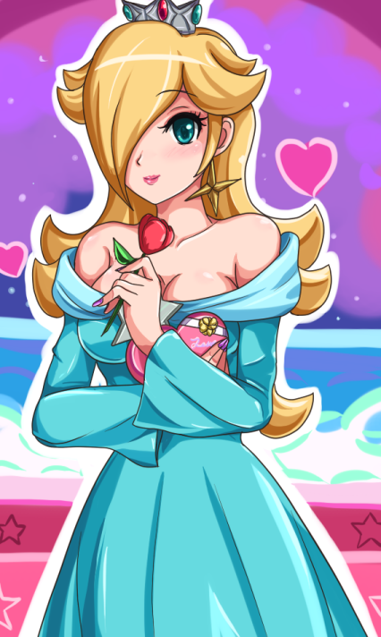blush, breasts, cleavage, earring, earrings, flower, green_eyes, hair_over_one_eye