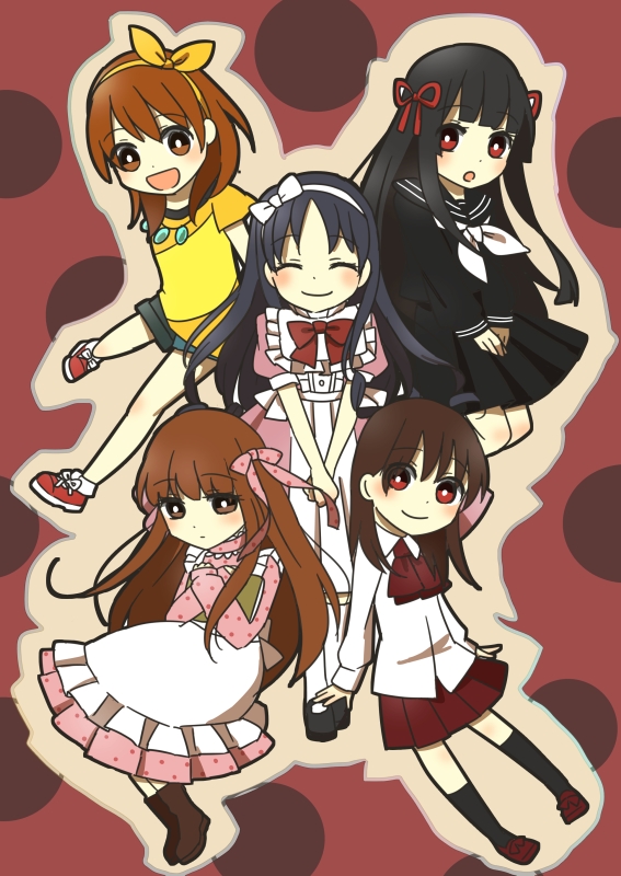 5girls, artist_request, bangs, black_hair, blunt_bangs, blush, bow, bowtie
