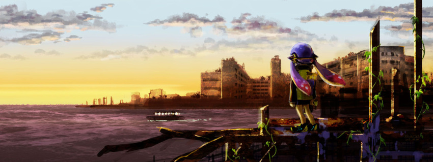 1girl, agent_3, boat, building, clouds, commentary_request, harbor, ink