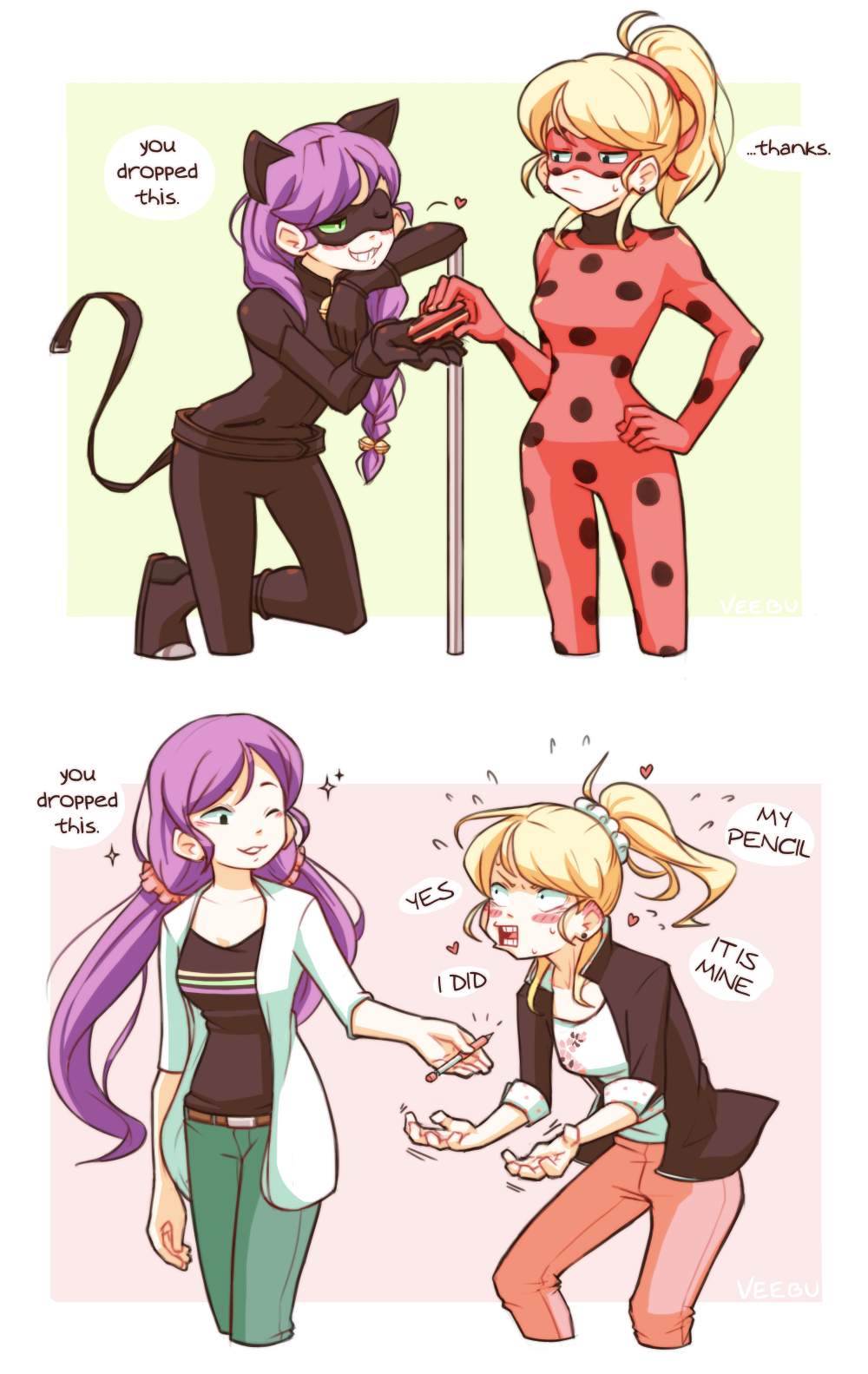2girls, 2koma, ayase_eli, blonde_hair, chat_noir, chat_noir_(cosplay), comic, commentary